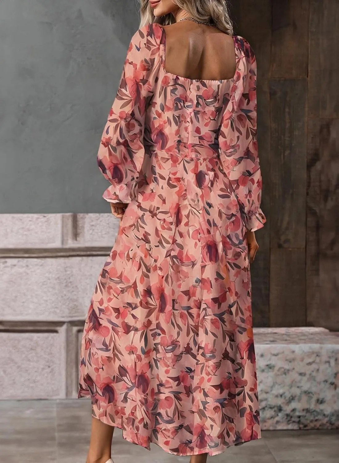 BLENCOT Womens Casual Square Neck Long Sleeve Boho Floral Midi Dress Print Side Split Dresses