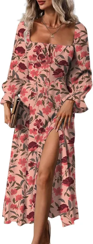 BLENCOT Womens Casual Square Neck Long Sleeve Boho Floral Midi Dress Print Side Split Dresses