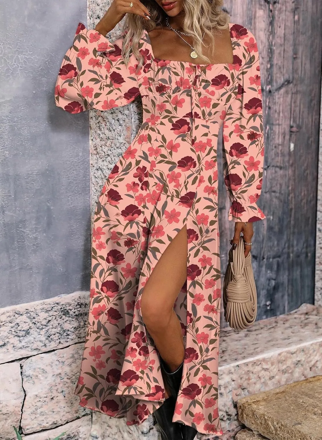 BLENCOT Womens Casual Square Neck Long Sleeve Boho Floral Midi Dress Print Side Split Dresses