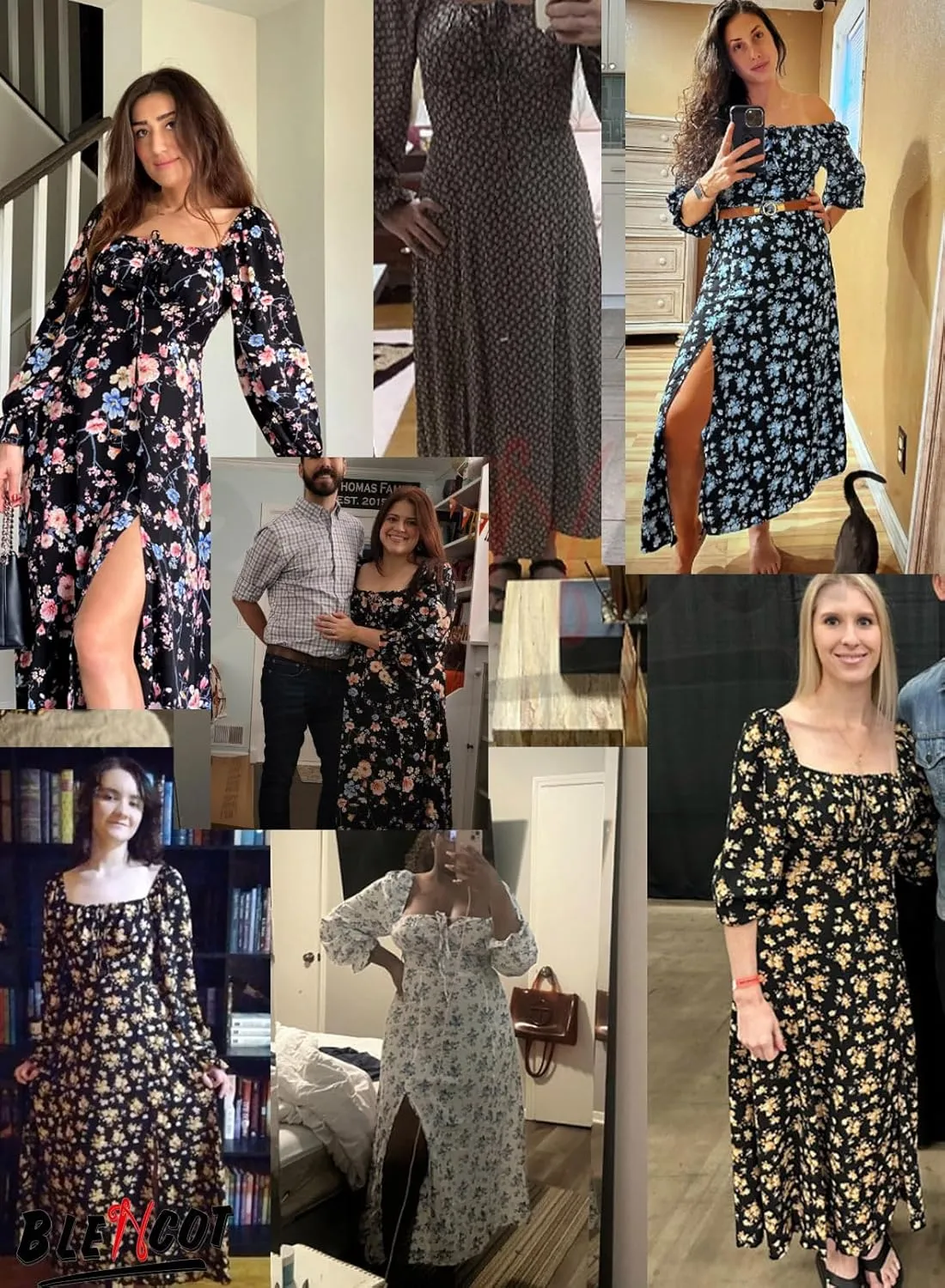 BLENCOT Womens Casual Square Neck Long Sleeve Boho Floral Midi Dress Print Side Split Dresses