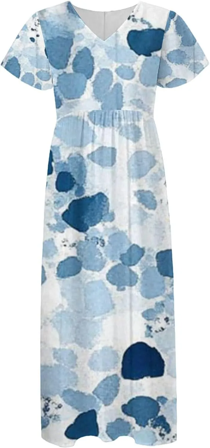 Cute Floral Maxi Dresses for Women 2025 Flowy Short Sleeve Chiffon Dress Summer Casual Prom Beach Clothes Easter Dress