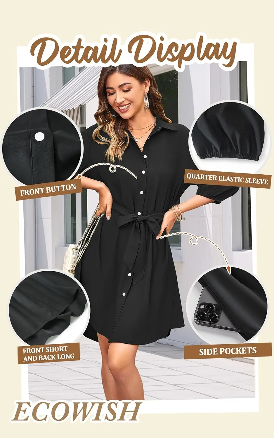 ECOWISH Womens Button Shirt Dress with Pockets Fall Summer Short Mini Dresses Long Sleeve 3/4 Sleeve Long Tunics Blouse Belt
