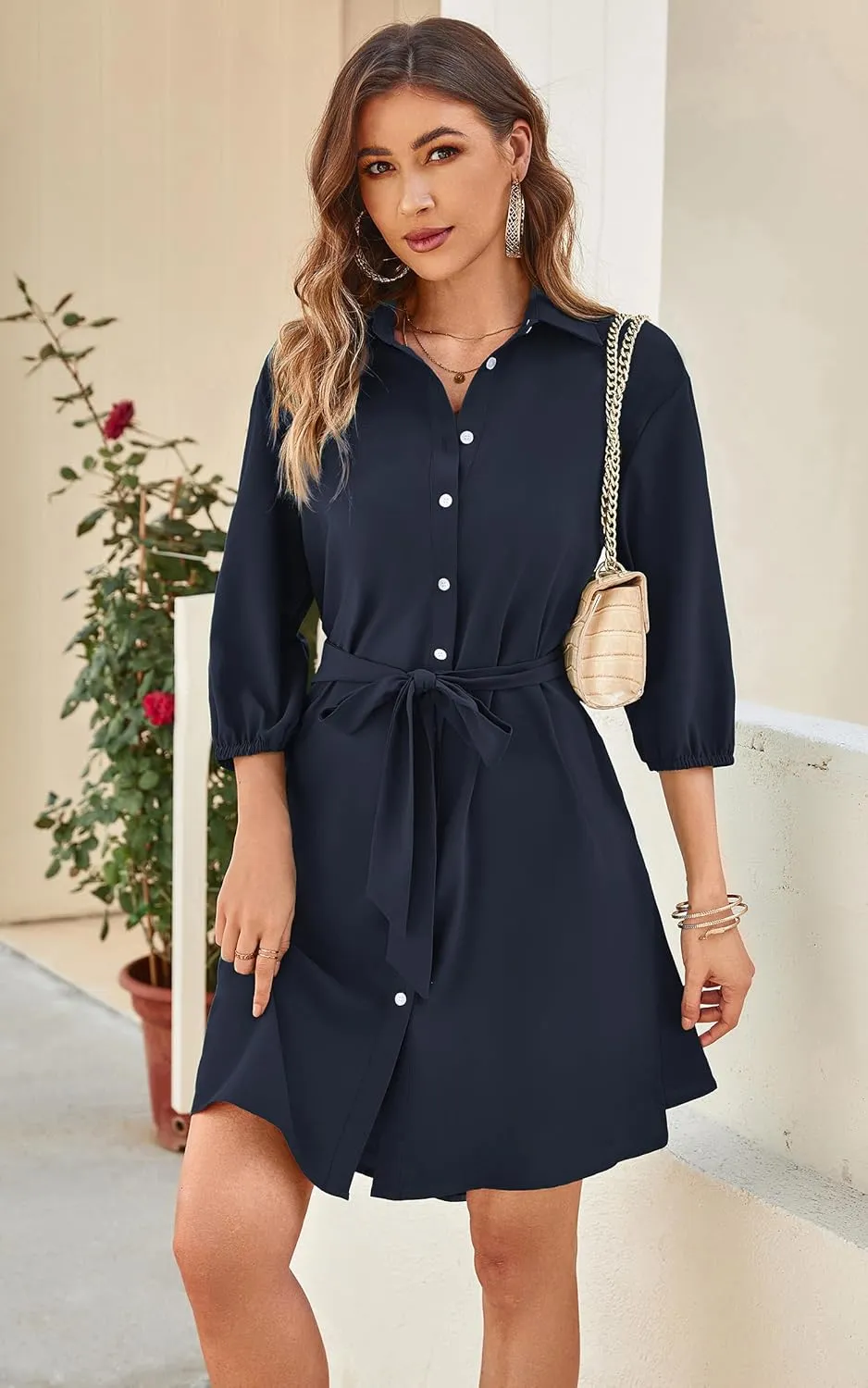 ECOWISH Womens Button Shirt Dress with Pockets Fall Summer Short Mini Dresses Long Sleeve 3/4 Sleeve Long Tunics Blouse Belt