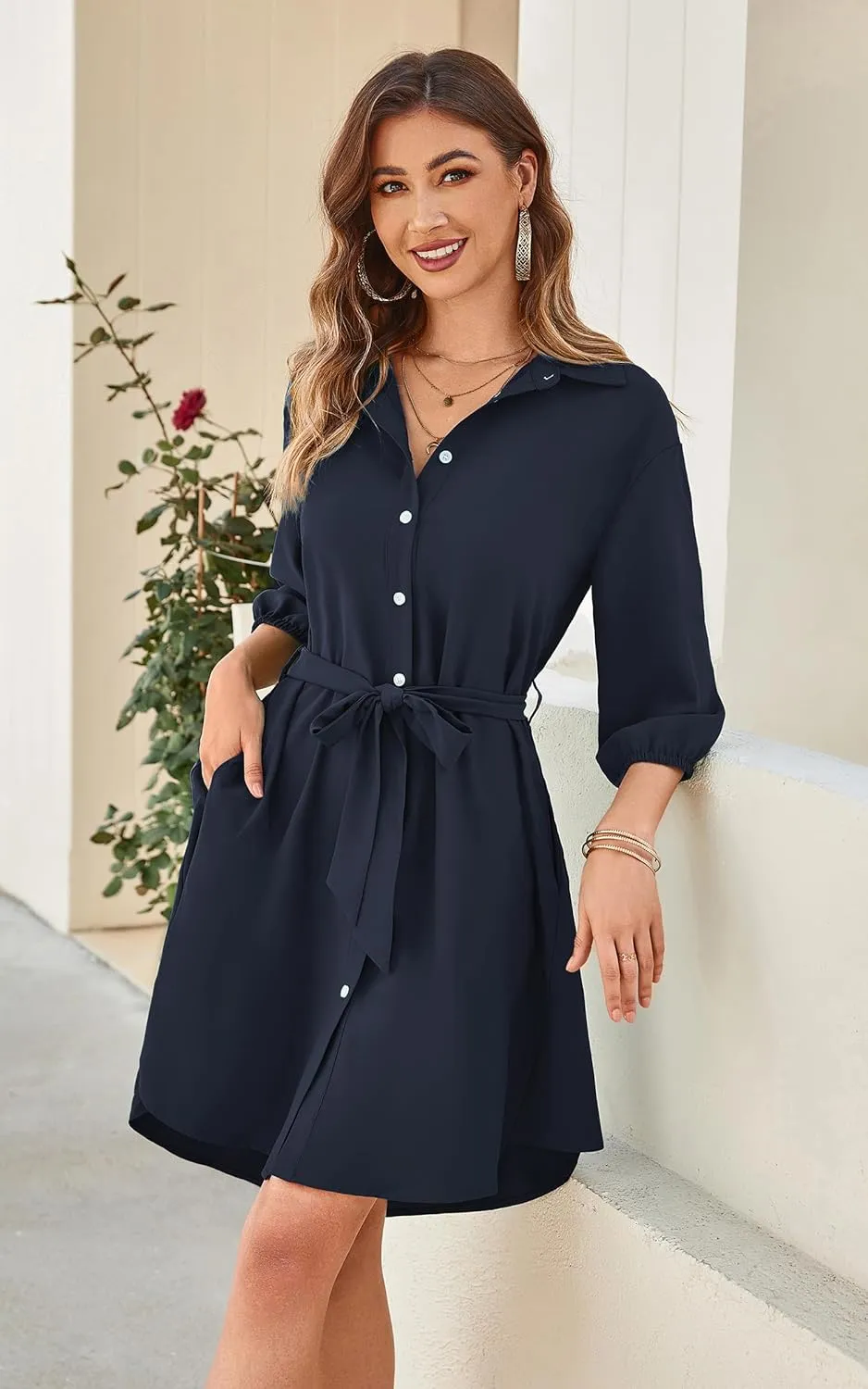ECOWISH Womens Button Shirt Dress with Pockets Fall Summer Short Mini Dresses Long Sleeve 3/4 Sleeve Long Tunics Blouse Belt