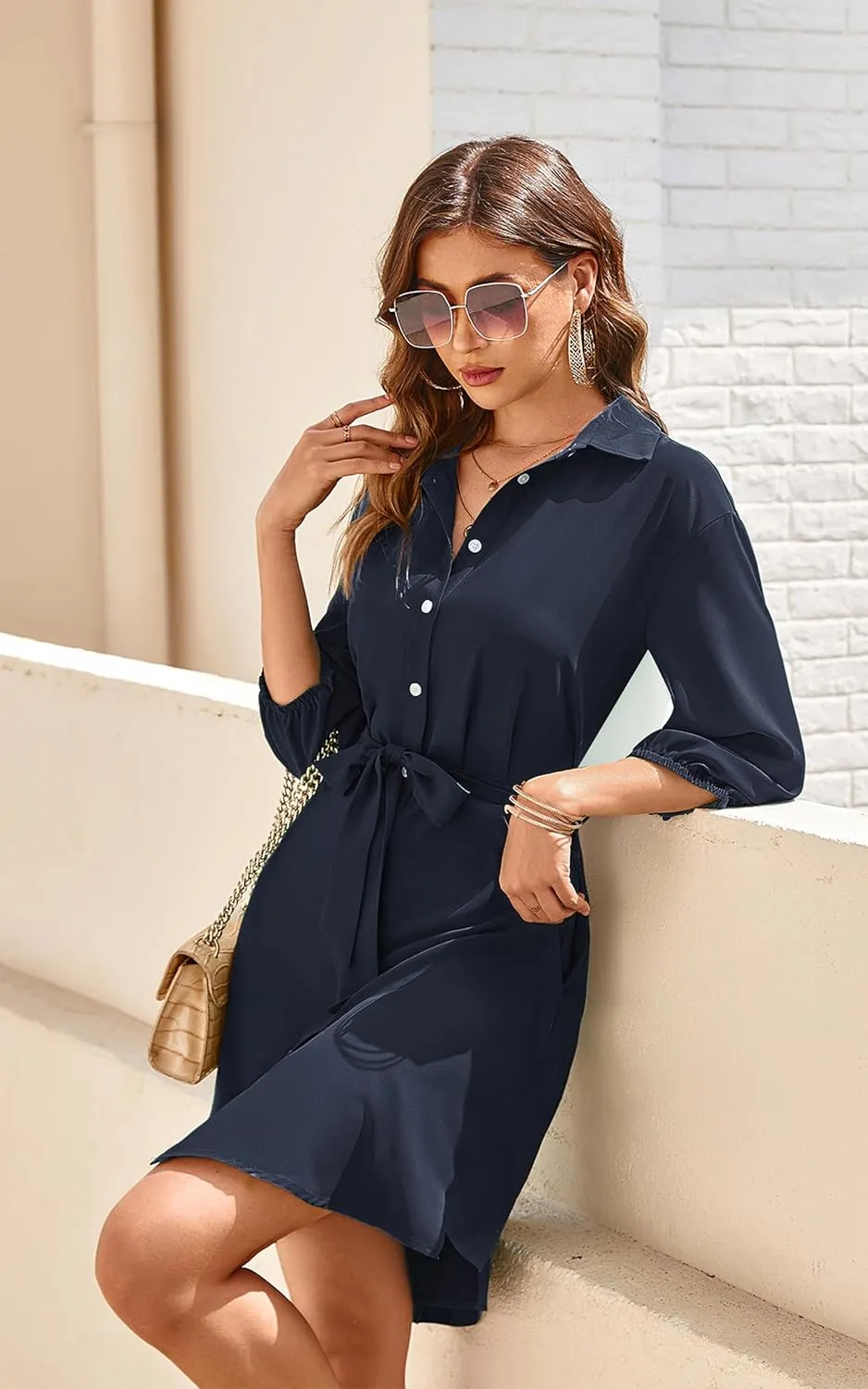 ECOWISH Womens Button Shirt Dress with Pockets Fall Summer Short Mini Dresses Long Sleeve 3/4 Sleeve Long Tunics Blouse Belt