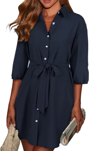 ECOWISH Womens Button Shirt Dress with Pockets Fall Summer Short Mini Dresses Long Sleeve 3/4 Sleeve Long Tunics Blouse Belt