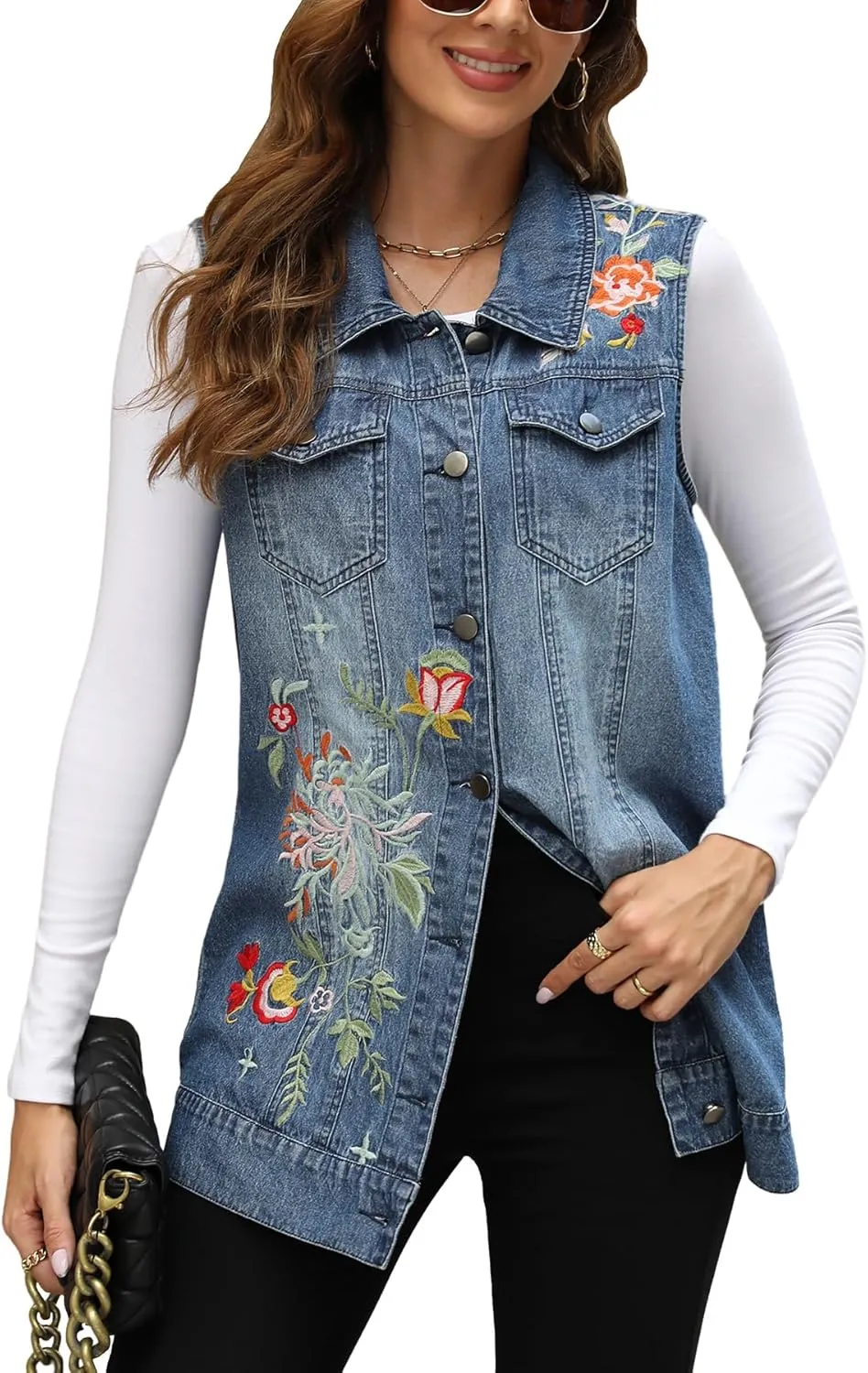 Higustar Women's Denim Embroidered Vest Spring Fall Casual Classic Button Sleeveless Jean Jacket for Women