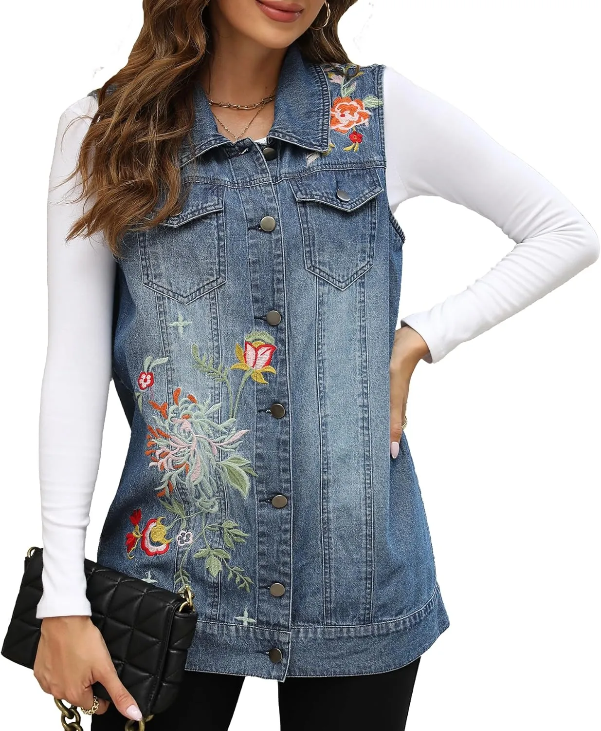 Higustar Women's Denim Embroidered Vest Spring Fall Casual Classic Button Sleeveless Jean Jacket for Women