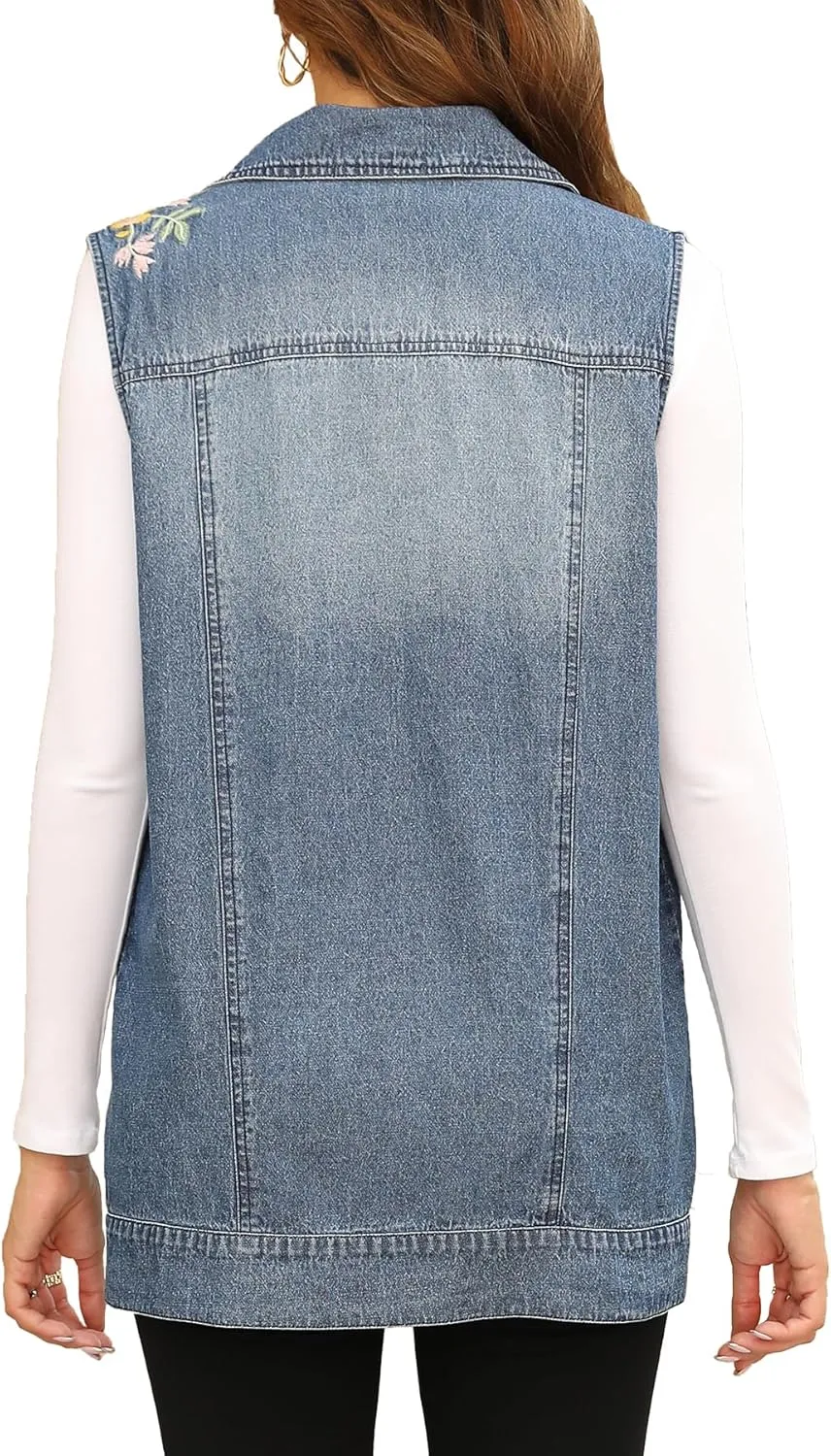 Higustar Women's Denim Embroidered Vest Spring Fall Casual Classic Button Sleeveless Jean Jacket for Women