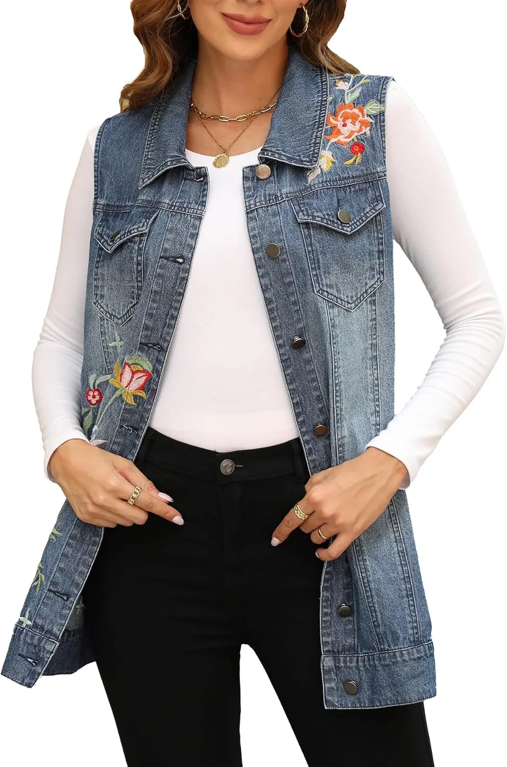 Higustar Women's Denim Embroidered Vest Spring Fall Casual Classic Button Sleeveless Jean Jacket for Women