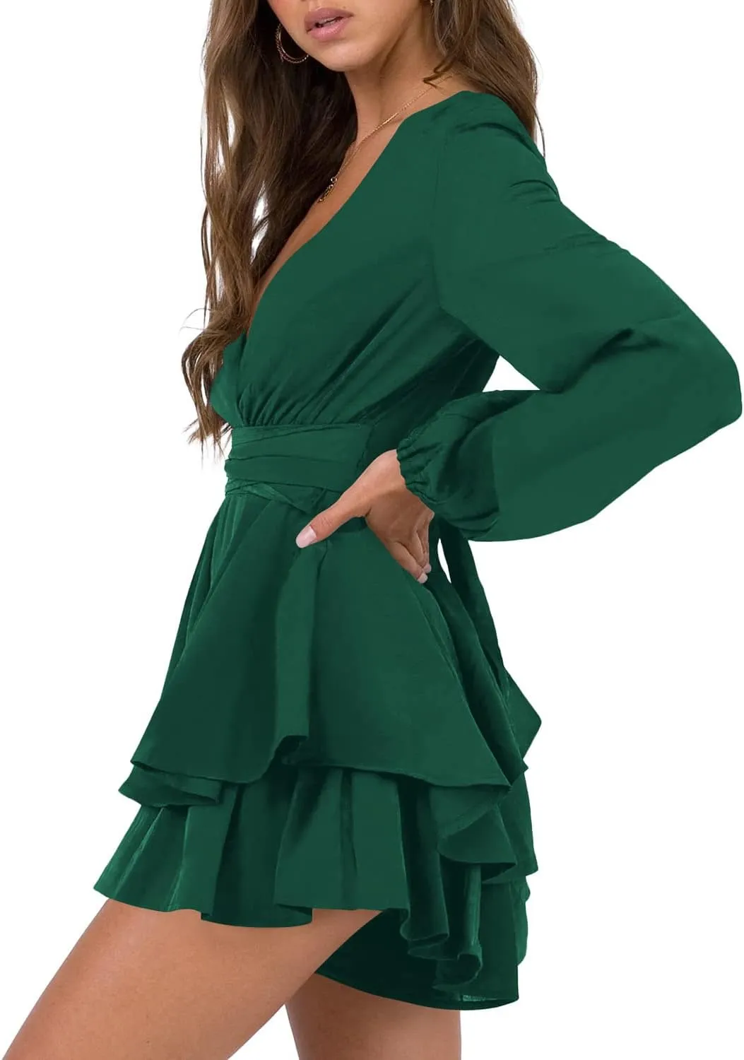 Hocuos Women's Long Lantern Sleeve Plunging V Neck Dress Tie Waist Layer Ruffle Hem A Line Swing Casual Short Mini Dress