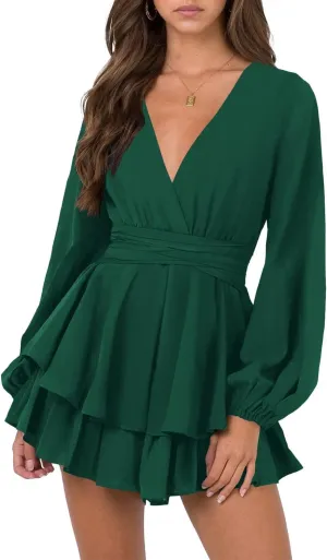 Hocuos Women's Long Lantern Sleeve Plunging V Neck Dress Tie Waist Layer Ruffle Hem A Line Swing Casual Short Mini Dress