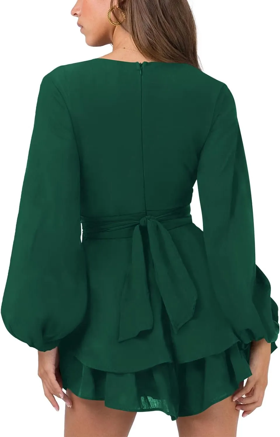 Hocuos Women's Long Lantern Sleeve Plunging V Neck Dress Tie Waist Layer Ruffle Hem A Line Swing Casual Short Mini Dress