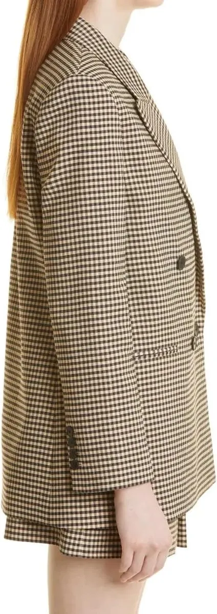 Kromoc Women's Small Checked Blazer Double Breasted Suit Jacket Peak Lapel Tuxedos Coat Uniform Formal Business Party