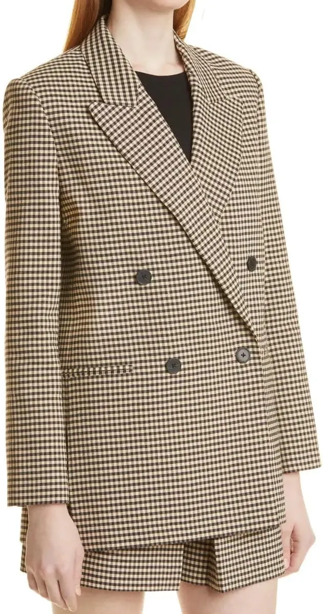 Kromoc Women's Small Checked Blazer Double Breasted Suit Jacket Peak Lapel Tuxedos Coat Uniform Formal Business Party
