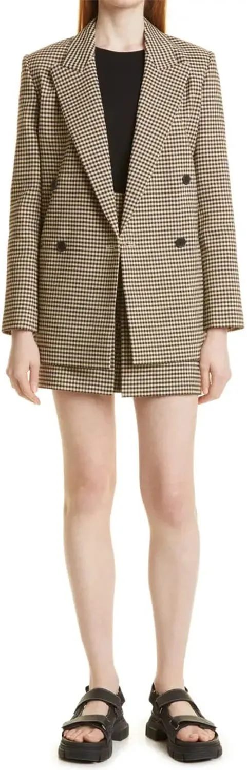 Kromoc Women's Small Checked Blazer Double Breasted Suit Jacket Peak Lapel Tuxedos Coat Uniform Formal Business Party