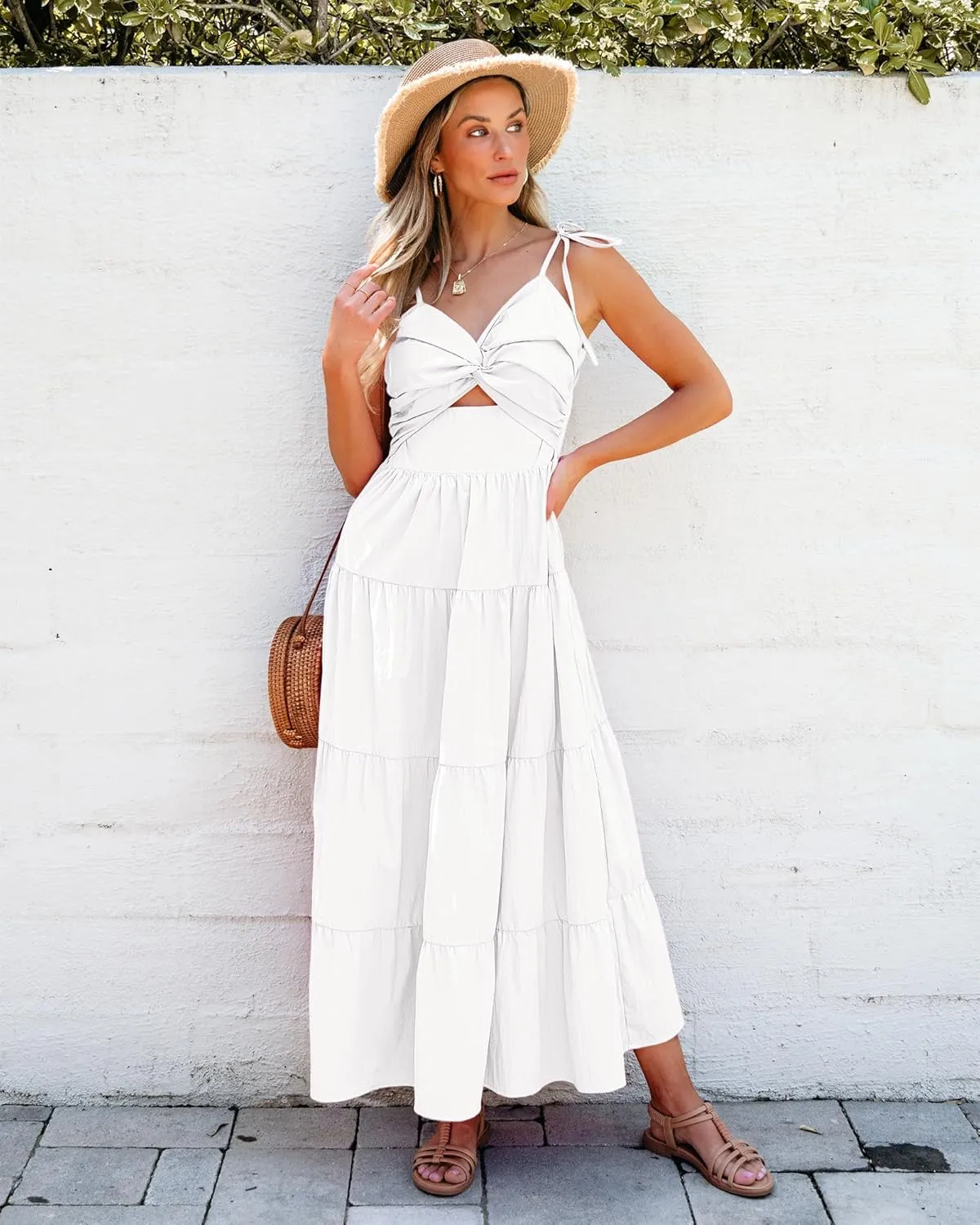 luvamia Long Flowy Dresses for Women Tiered Cut Out Midi Dress Self Tied Spaghetti Strap Summer Vacation Dinner Outfit