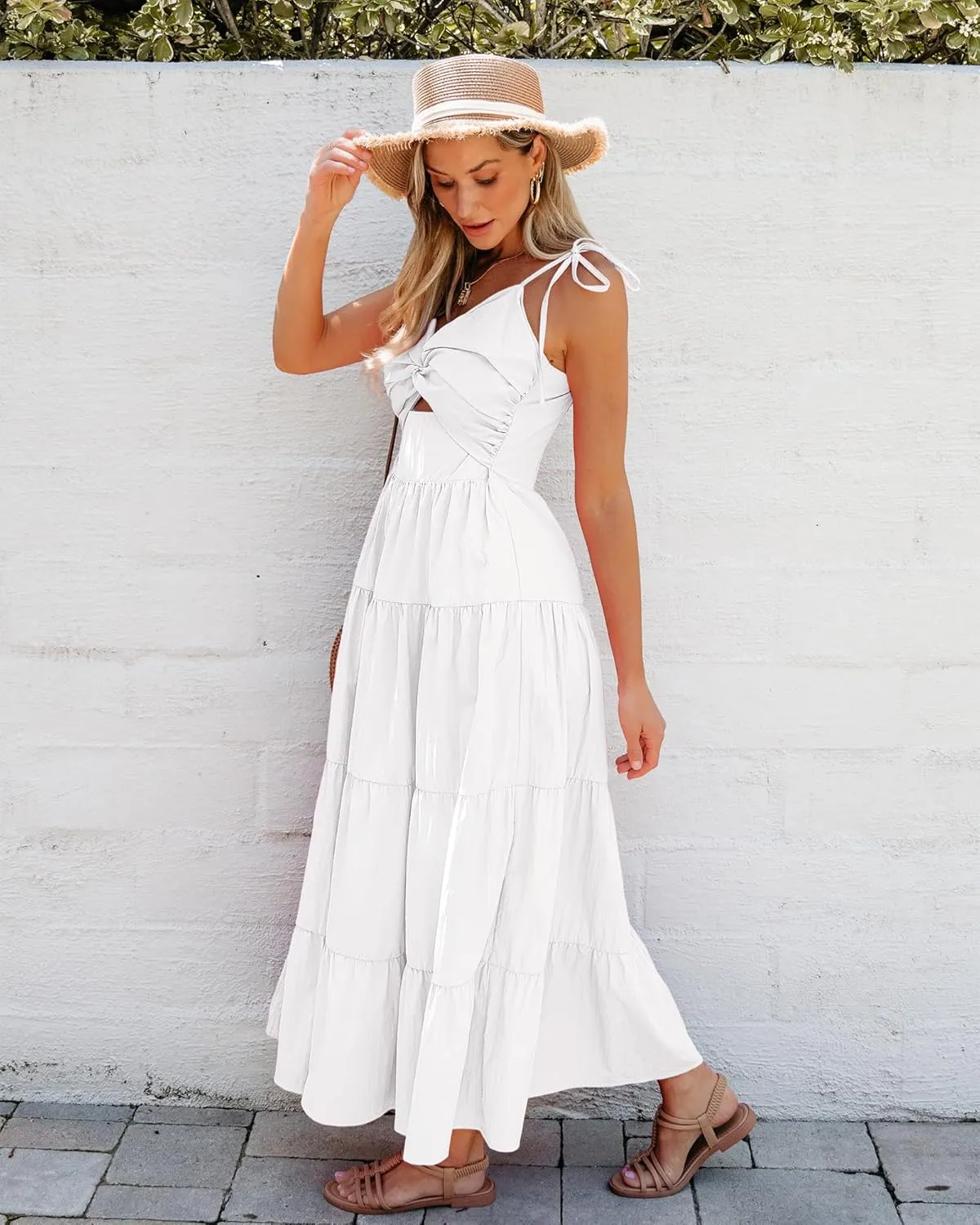 luvamia Long Flowy Dresses for Women Tiered Cut Out Midi Dress Self Tied Spaghetti Strap Summer Vacation Dinner Outfit