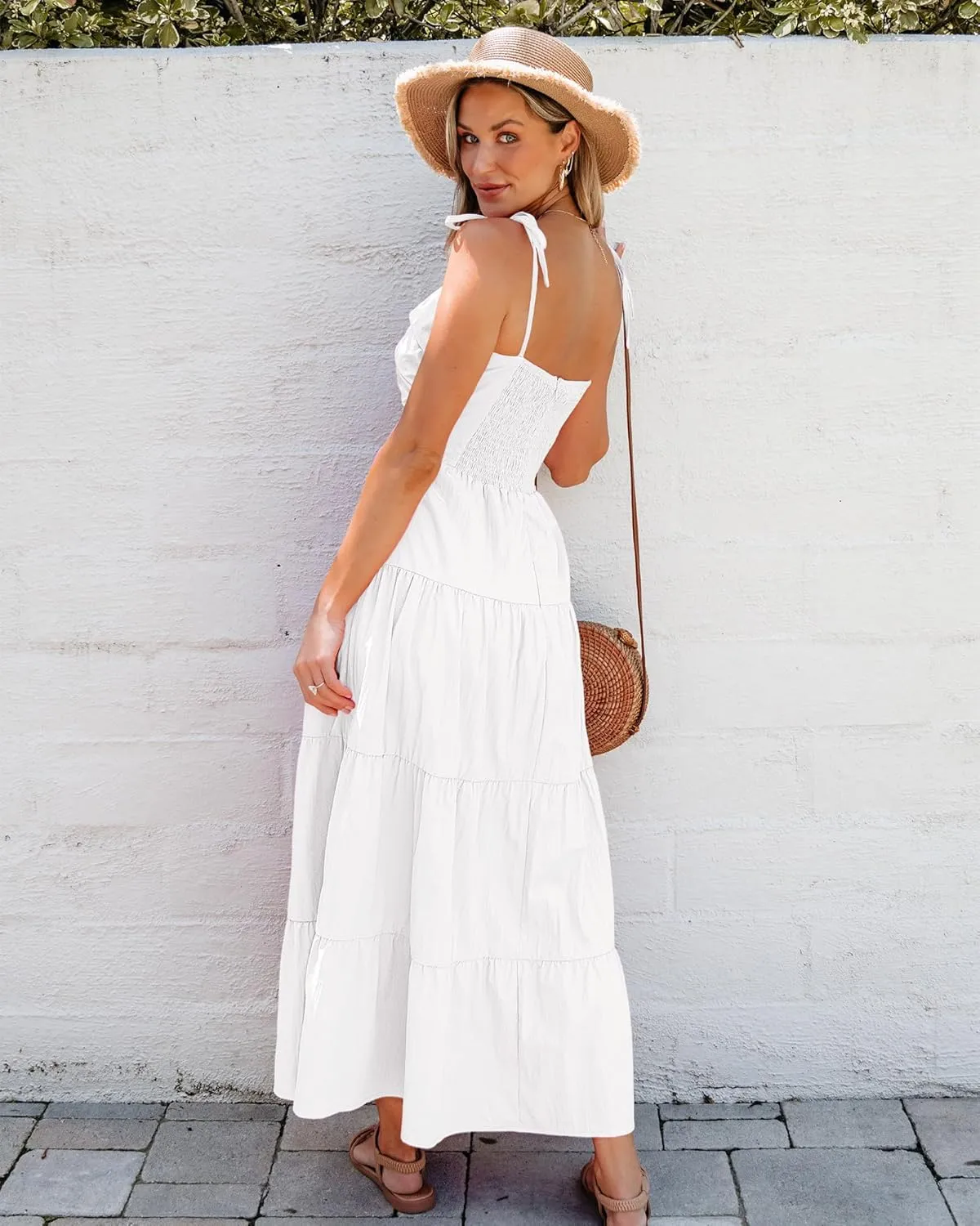 luvamia Long Flowy Dresses for Women Tiered Cut Out Midi Dress Self Tied Spaghetti Strap Summer Vacation Dinner Outfit