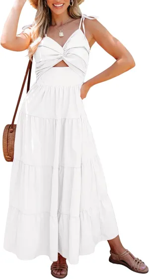 luvamia Long Flowy Dresses for Women Tiered Cut Out Midi Dress Self Tied Spaghetti Strap Summer Vacation Dinner Outfit
