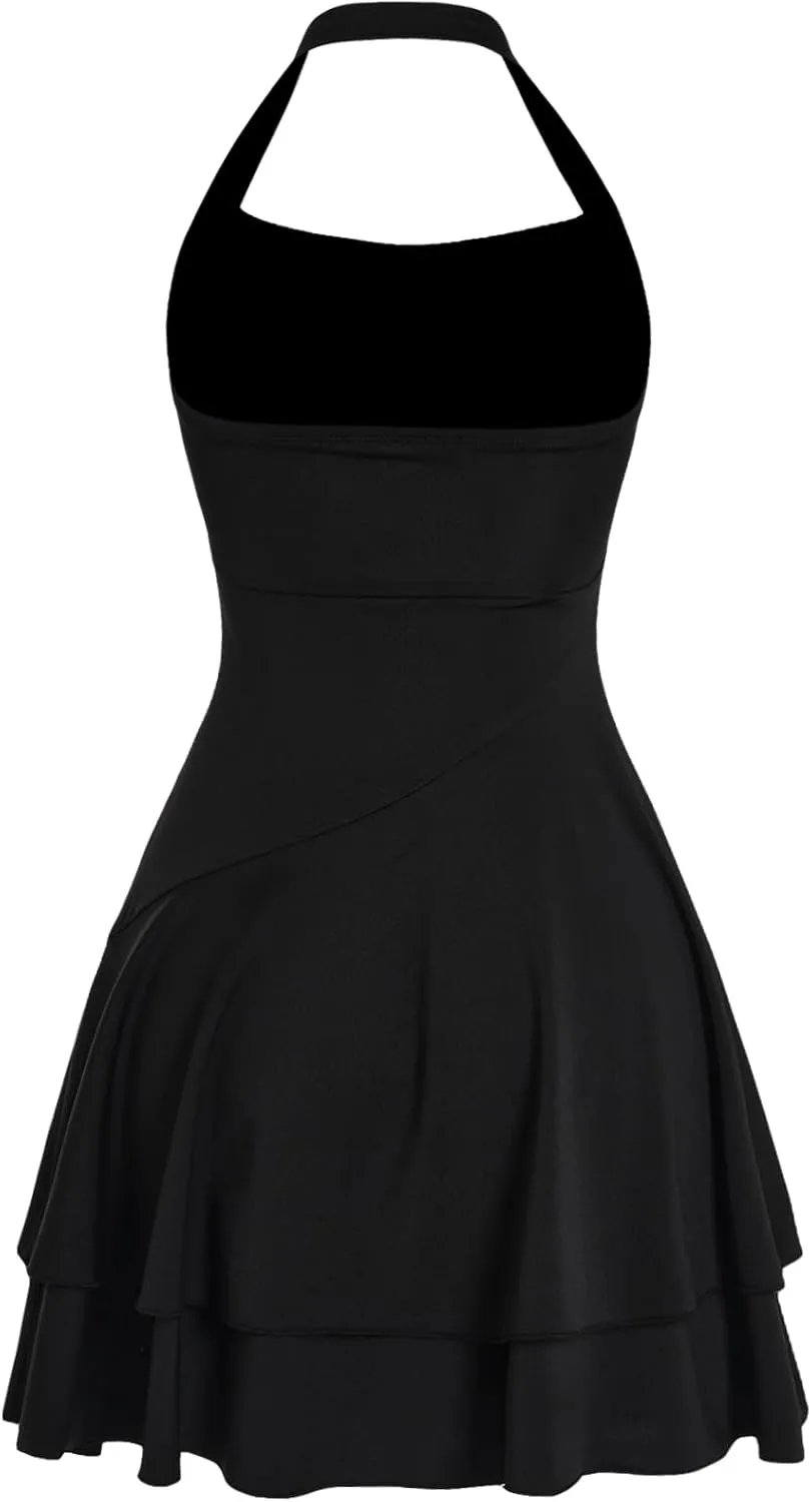 Milumia Girl's Summer Backless Halter Short Dress Sleeveless Tiered Layered Mini Dresses