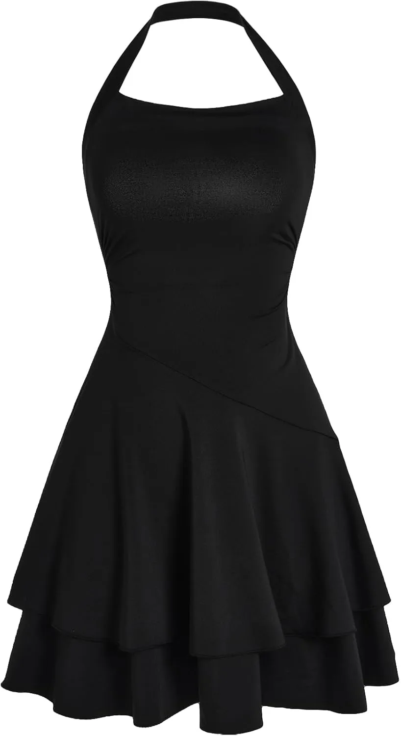 Milumia Girl's Summer Backless Halter Short Dress Sleeveless Tiered Layered Mini Dresses