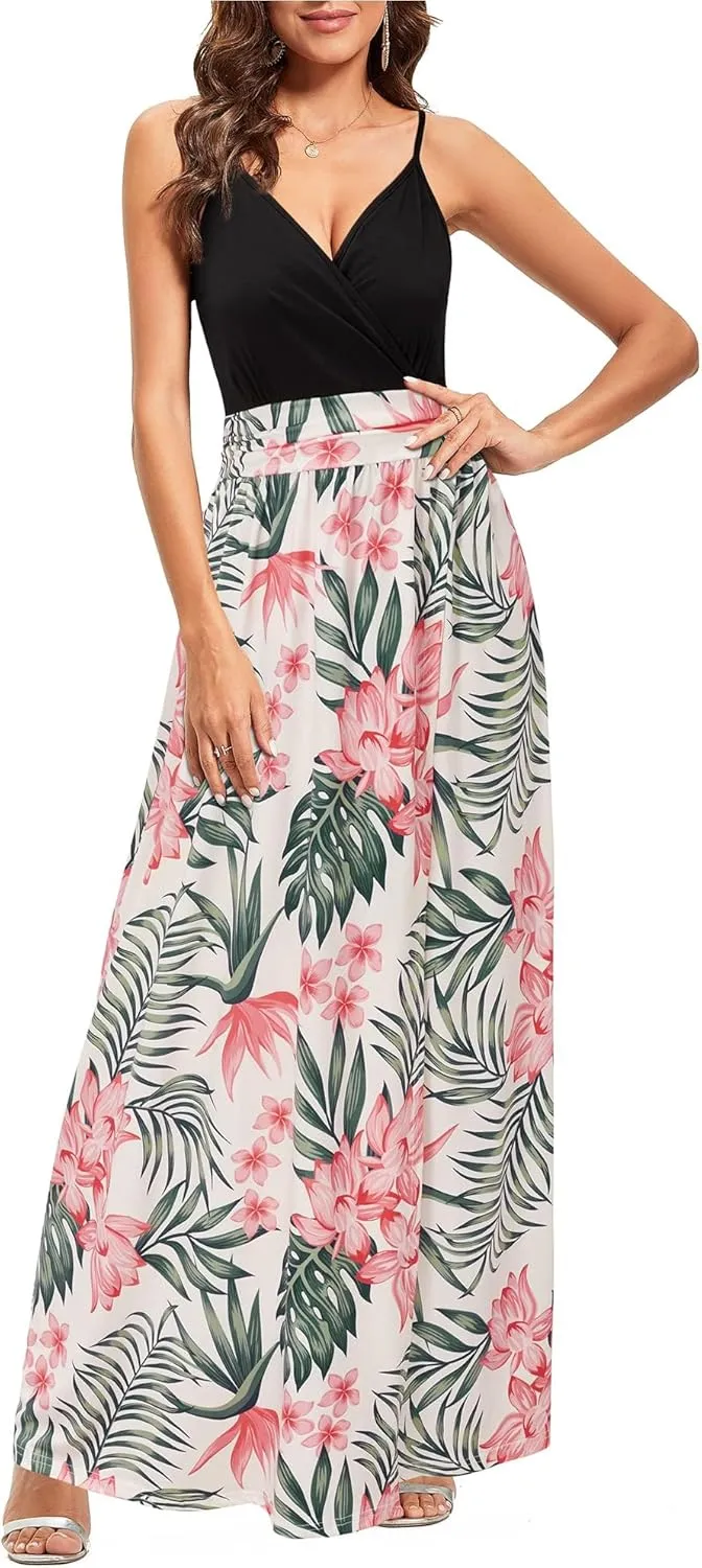 Newshows Women Summer 2025 Maxi Dress Vacation Floral Spaghetti Strap Spring Casual Boho Split Beach Long Flowy Sundress