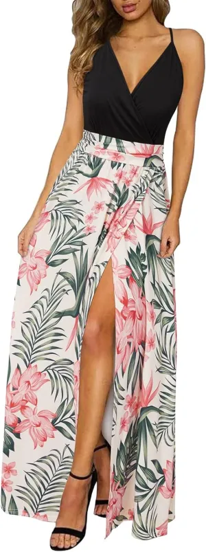 Newshows Women Summer 2025 Maxi Dress Vacation Floral Spaghetti Strap Spring Casual Boho Split Beach Long Flowy Sundress