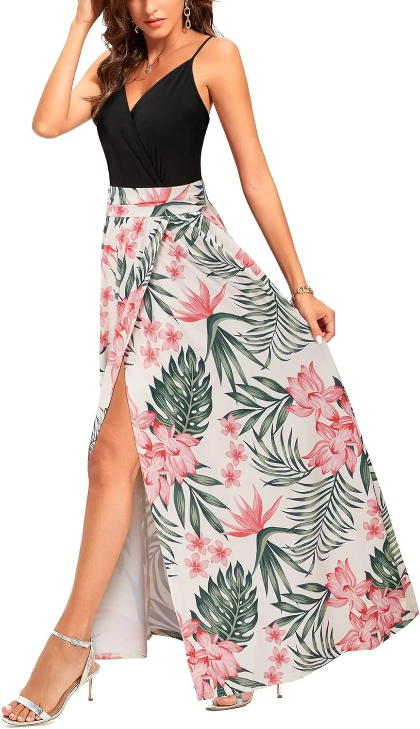 Newshows Women Summer 2025 Maxi Dress Vacation Floral Spaghetti Strap Spring Casual Boho Split Beach Long Flowy Sundress