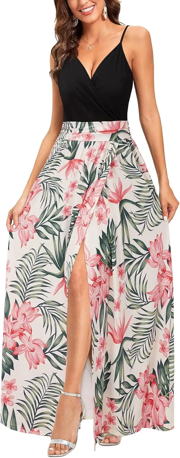 Newshows Women Summer 2025 Maxi Dress Vacation Floral Spaghetti Strap Spring Casual Boho Split Beach Long Flowy Sundress