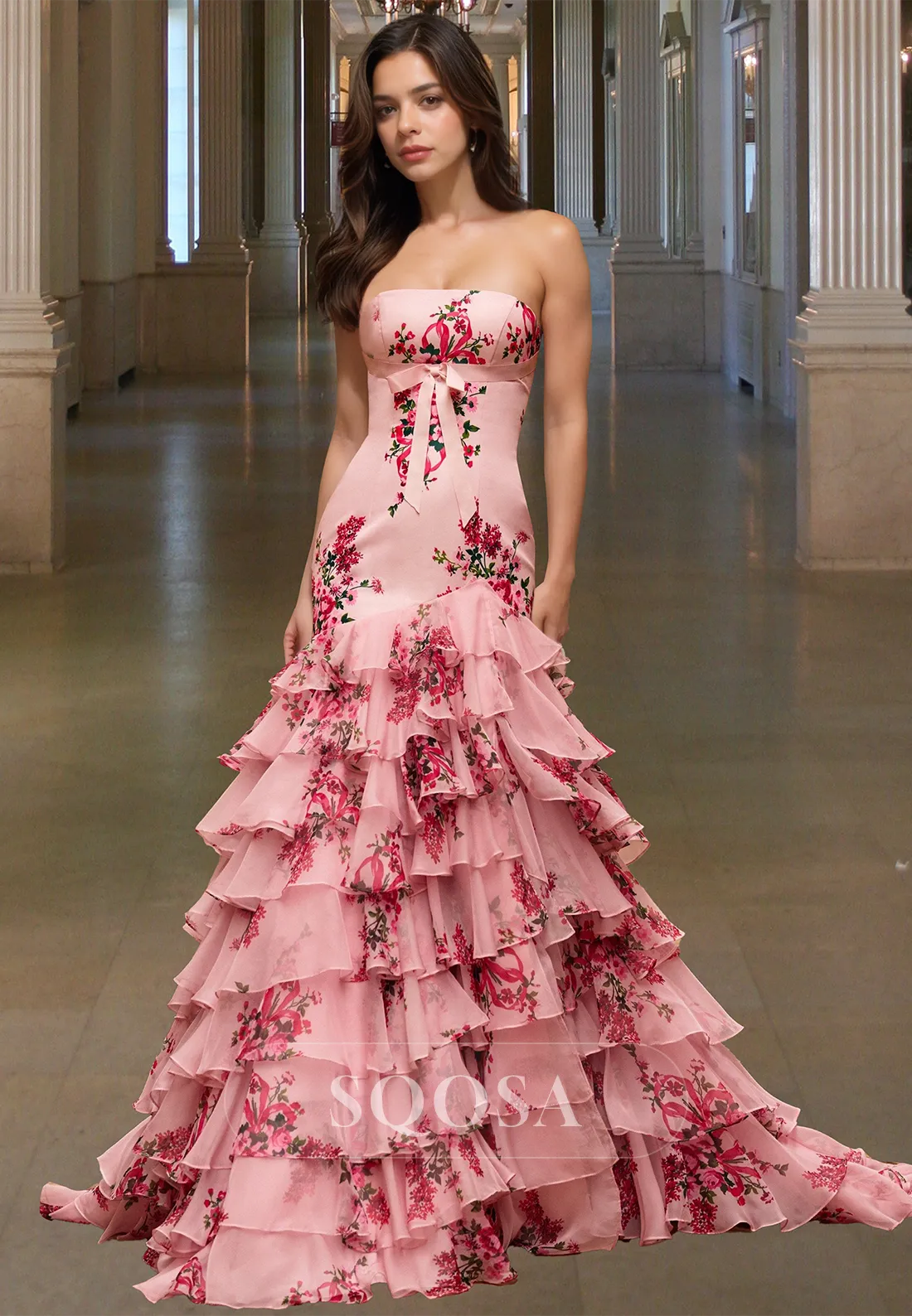 Off-Shoulder Tube Top Sleeveless Formal Gowns Pleated Tiered Chiffon Mermaid Prom Dress