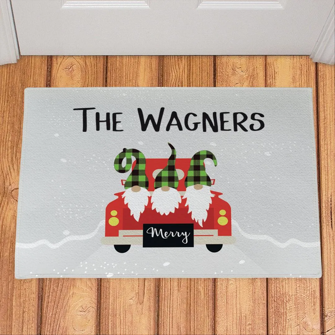 Personalized Christmas Truck Plaid Gnomes Doormat