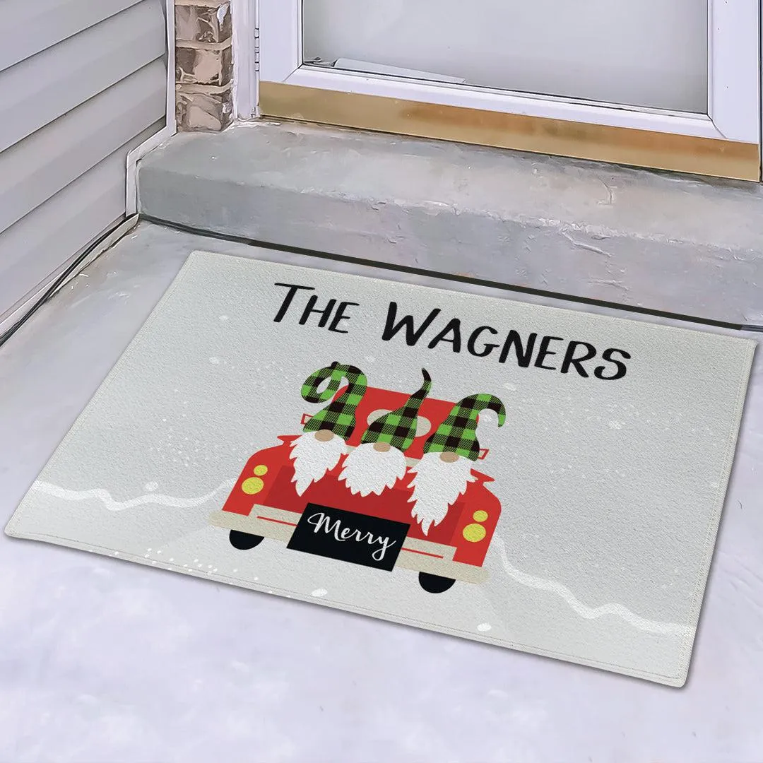 Personalized Christmas Truck Plaid Gnomes Doormat