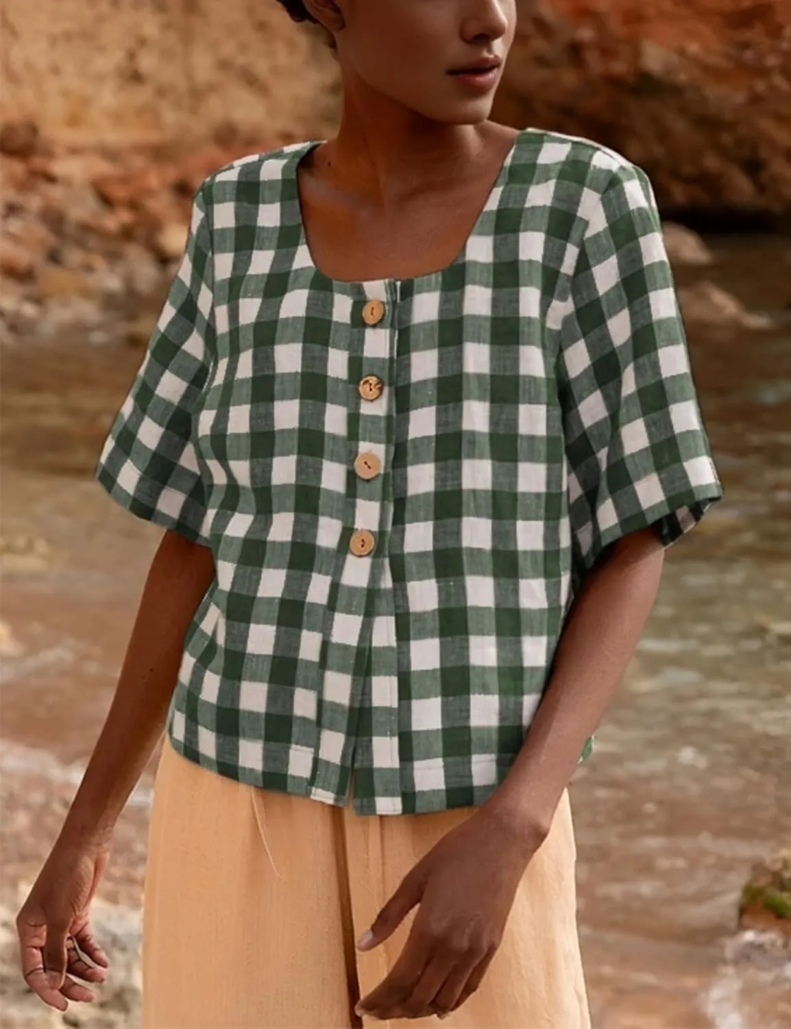 PUWEI Women's Plaid Button Down Shirts Cotton Short Sleeve Square Neck Gingham Tops Blouses