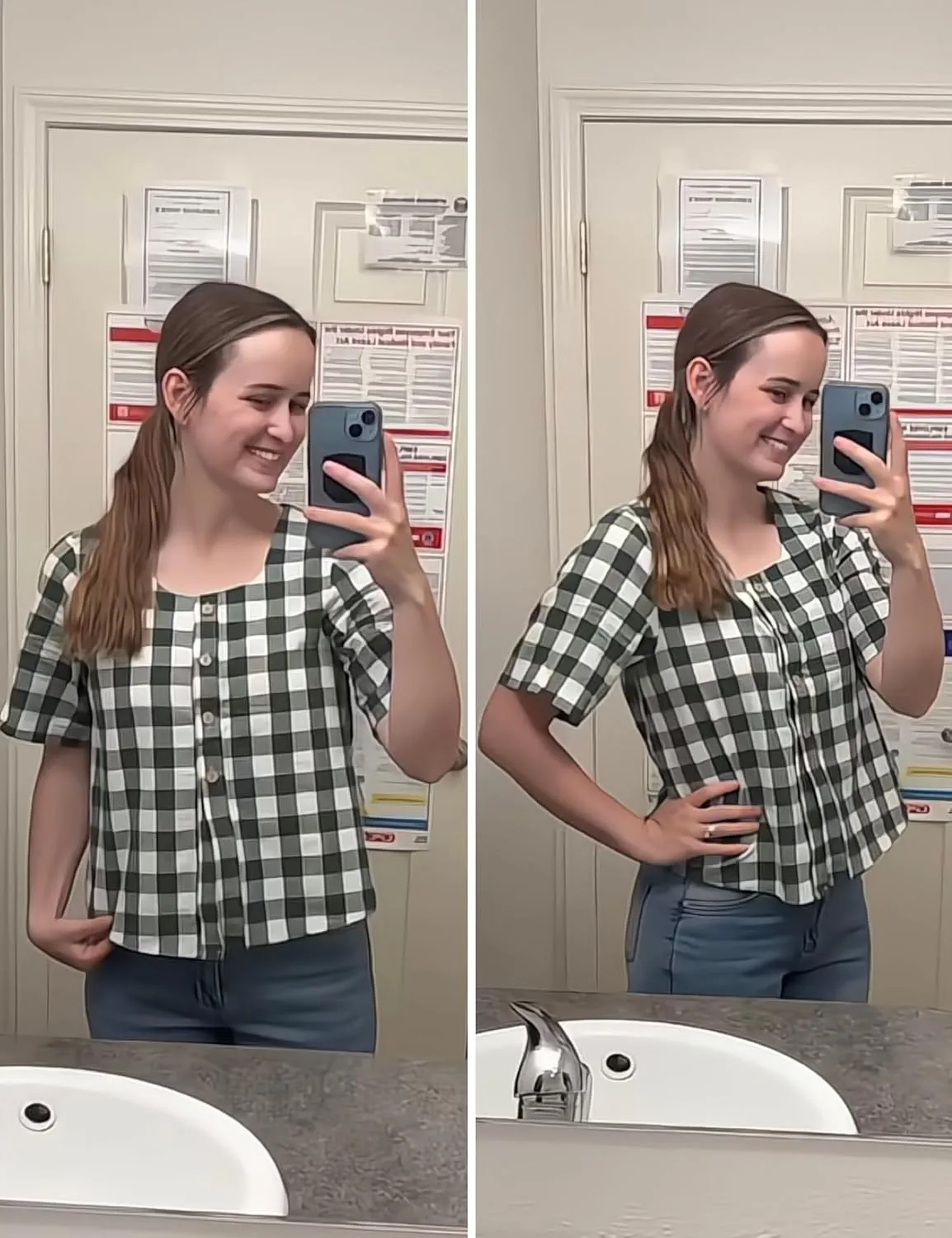 PUWEI Women's Plaid Button Down Shirts Cotton Short Sleeve Square Neck Gingham Tops Blouses