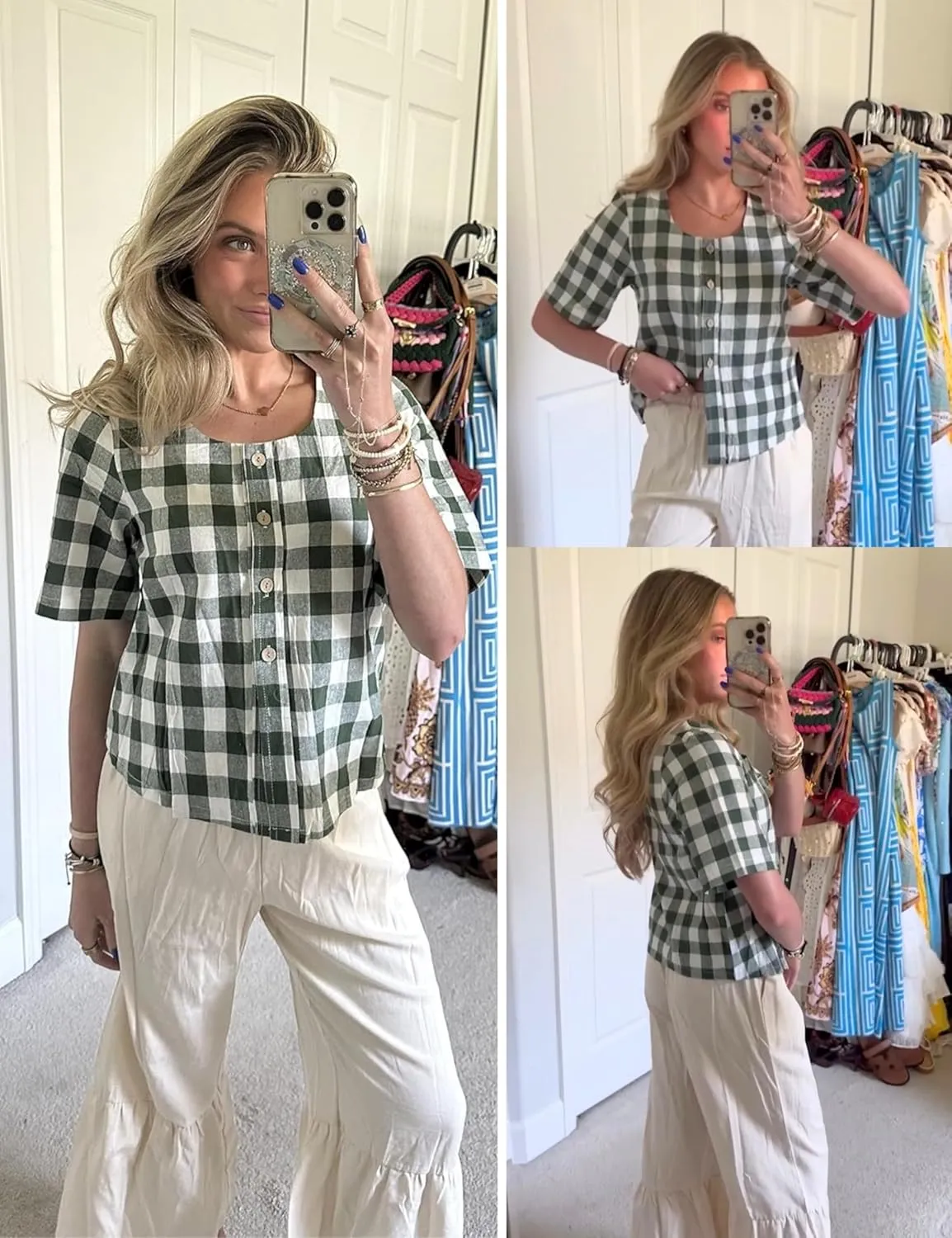PUWEI Women's Plaid Button Down Shirts Cotton Short Sleeve Square Neck Gingham Tops Blouses