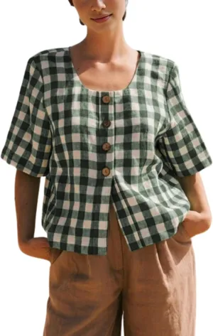 PUWEI Women's Plaid Button Down Shirts Cotton Short Sleeve Square Neck Gingham Tops Blouses