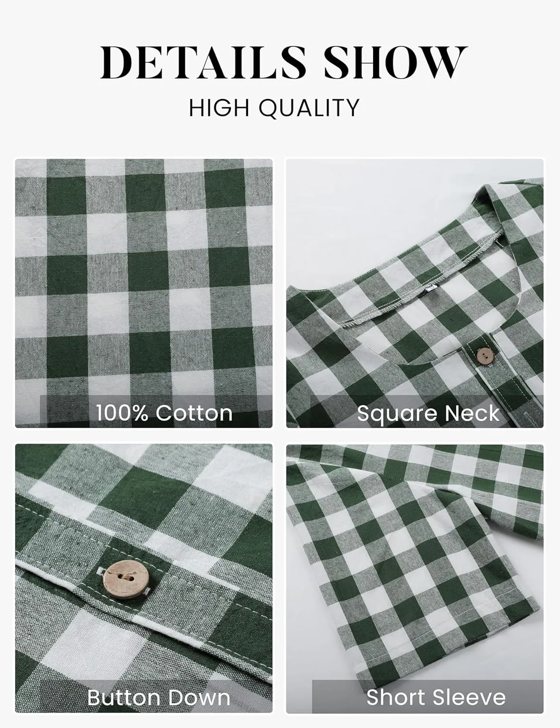 PUWEI Women's Plaid Button Down Shirts Cotton Short Sleeve Square Neck Gingham Tops Blouses