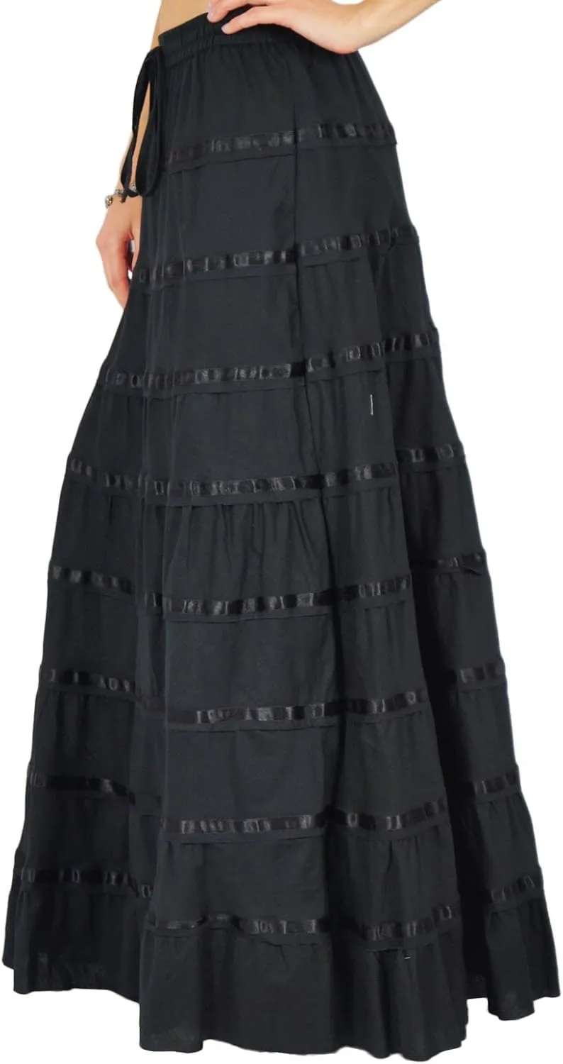 Solid Long Maxi Cotton Beach Wear Skirt for Women Elastic Waist Skirt Summer Wear