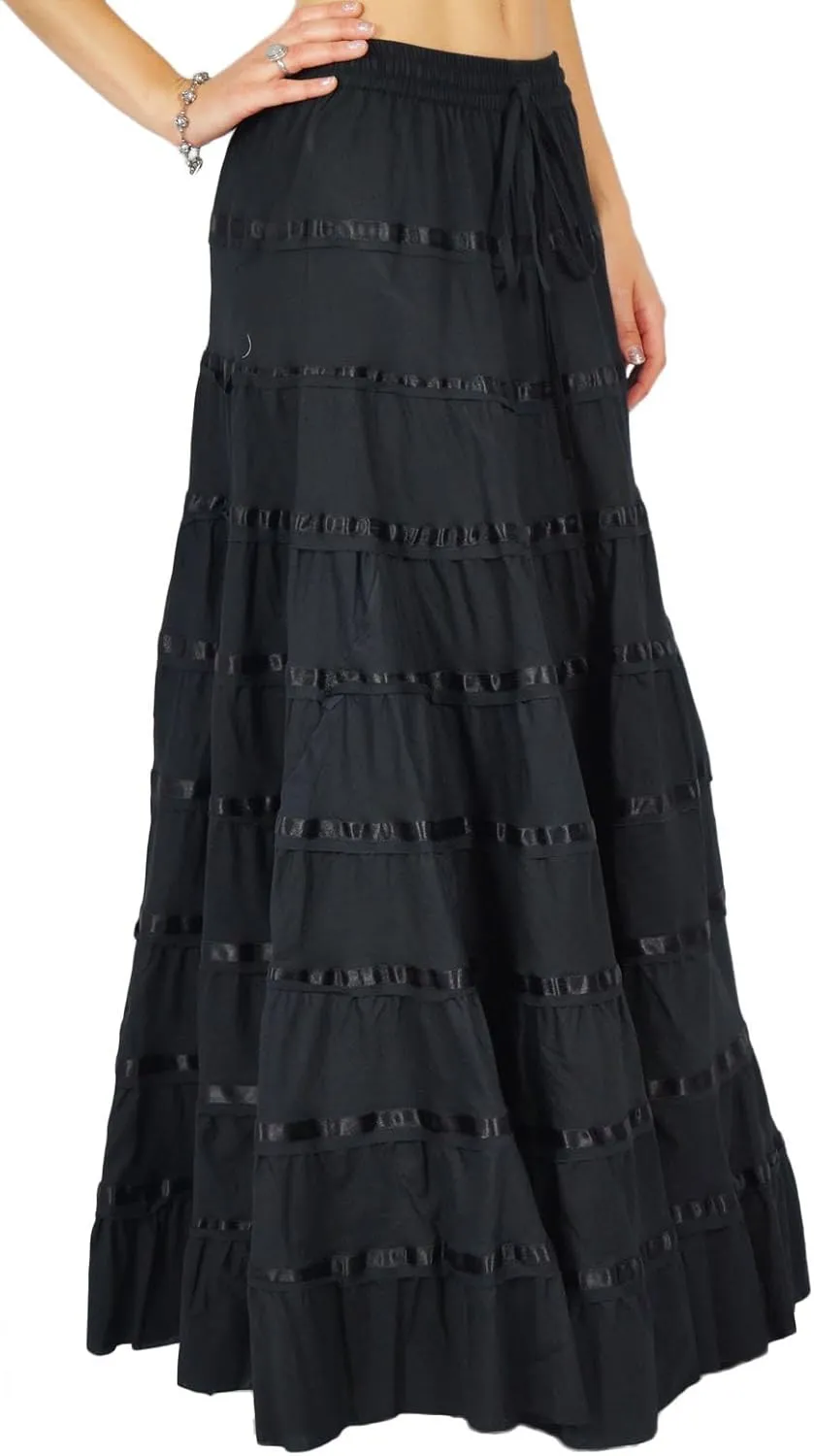 Solid Long Maxi Cotton Beach Wear Skirt for Women Elastic Waist Skirt Summer Wear