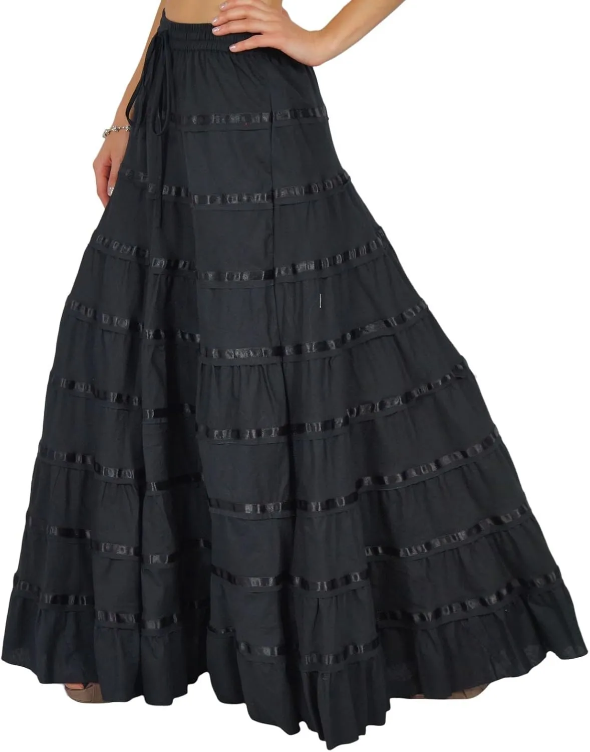 Solid Long Maxi Cotton Beach Wear Skirt for Women Elastic Waist Skirt Summer Wear