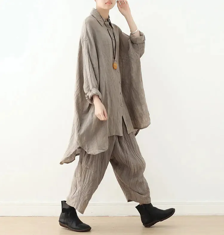 Summer Blouse for Women Grey Linen Long Sleeve Blouse