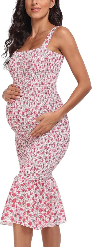 Summer Tank Maternity Dress Sleeveless Strappy Floral Midi Bodycon Square Neck Ruffle Mermaid Smocked Dress for Baby Shower