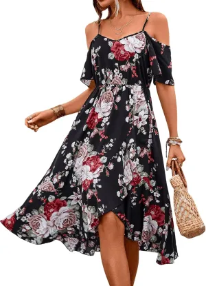 SweatyRocks Women's Floral Print Short Sleeve Cold Shoulder Dress Asymmetrical High Low Ruffle Midi Dresses