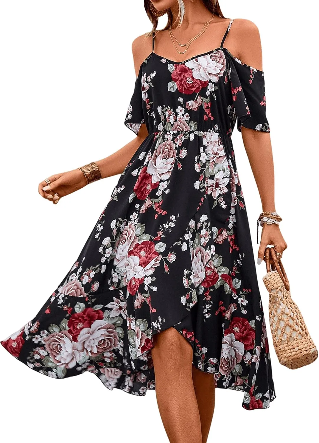 SweatyRocks Women's Floral Print Short Sleeve Cold Shoulder Dress Asymmetrical High Low Ruffle Midi Dresses