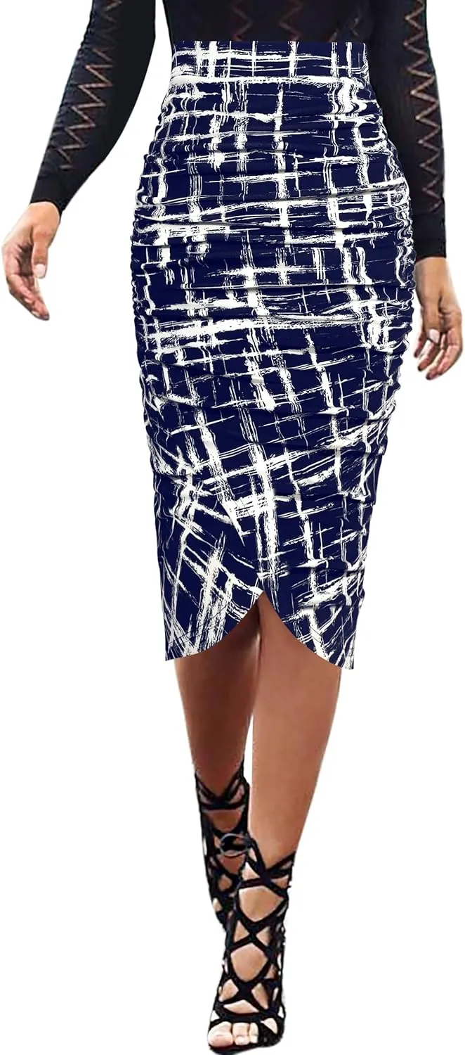 VFSHOW Womens Ruched Ruffle High Waist Asymmetric Wrap Casual Wok Office Party Slim Fitted Bodycon Pencil Midi Mid-Calf Skirt