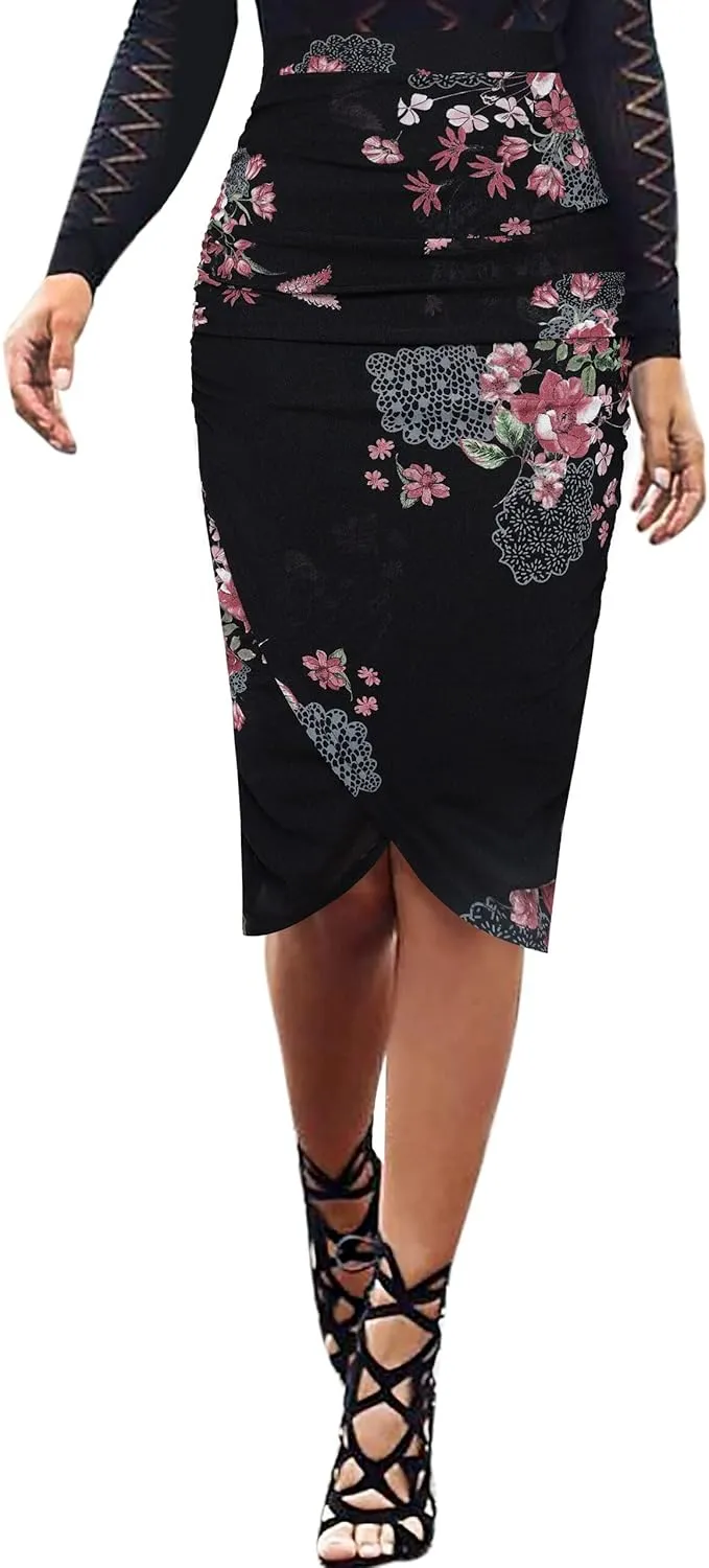 VFSHOW Womens Ruched Ruffle High Waist Asymmetric Wrap Casual Wok Office Party Slim Fitted Bodycon Pencil Midi Mid-Calf Skirt