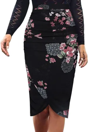 VFSHOW Womens Ruched Ruffle High Waist Asymmetric Wrap Casual Wok Office Party Slim Fitted Bodycon Pencil Midi Mid-Calf Skirt