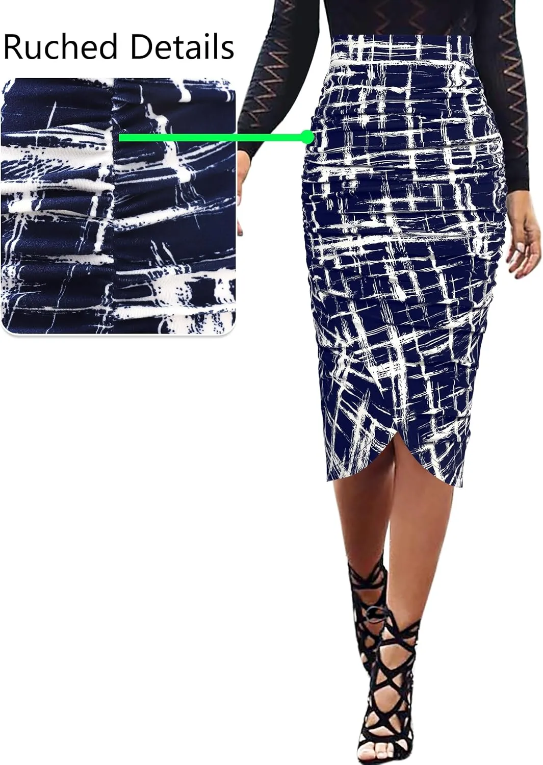 VFSHOW Womens Ruched Ruffle High Waist Asymmetric Wrap Casual Wok Office Party Slim Fitted Bodycon Pencil Midi Mid-Calf Skirt