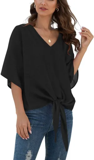 VIISHOW Womens Tie Front Chiffon Blouses V Neck Batwing Short Sleeve Summer Tops Shirts